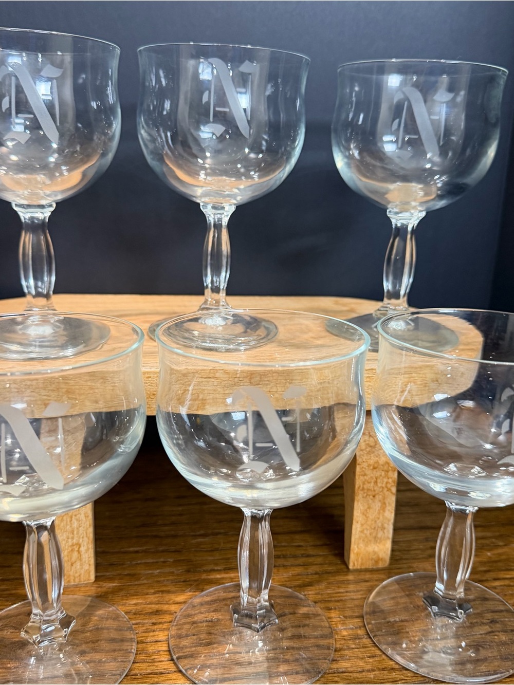 Vintage Monogram N‎ Goblets Set of 6 Etched Wine Glasses Art Deco Style Barware